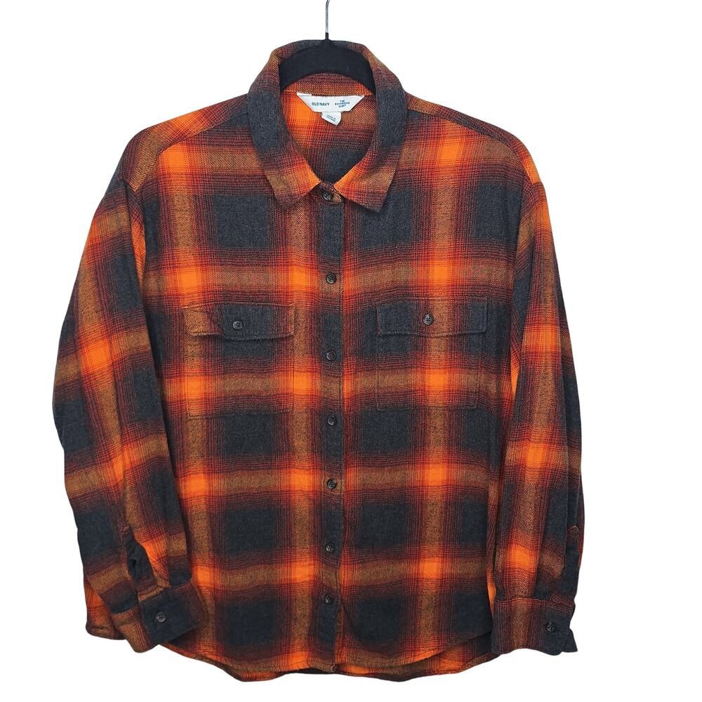 Old Navy The Boyfriend Shirt Plaid Flannel Taylor Swift Evermore Large Orange